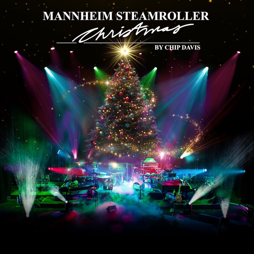 Mannheim Steamroller Christmas by Chip Davis logo and an image of a sparkly large Christmas tree